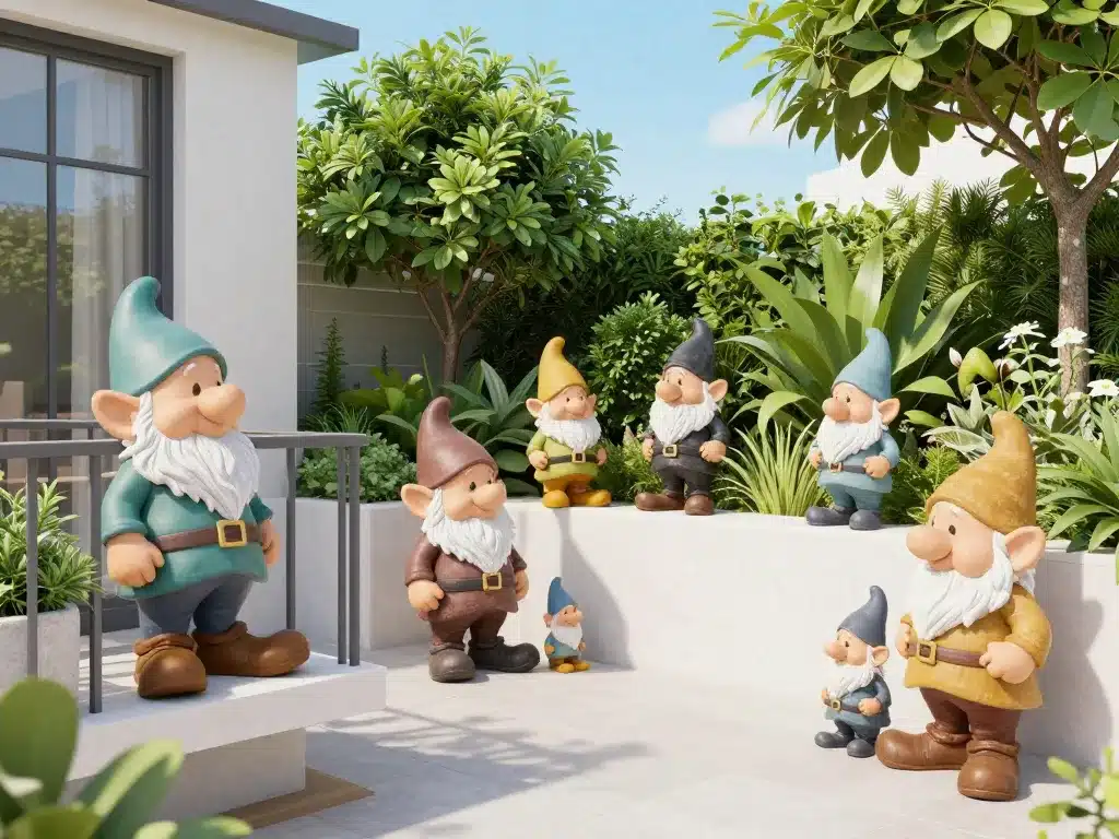 Scène extérieure avec nains de jardin de tailles et styles variés, terrasse et balcon