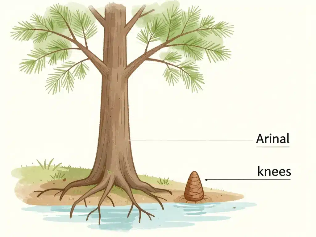 Cyprès chauve diagramme racines aériennes pneumatophores bord d'eau