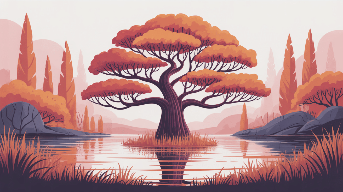 Illustration cyprès chauve tronc racines aériennes feuillage cuivré