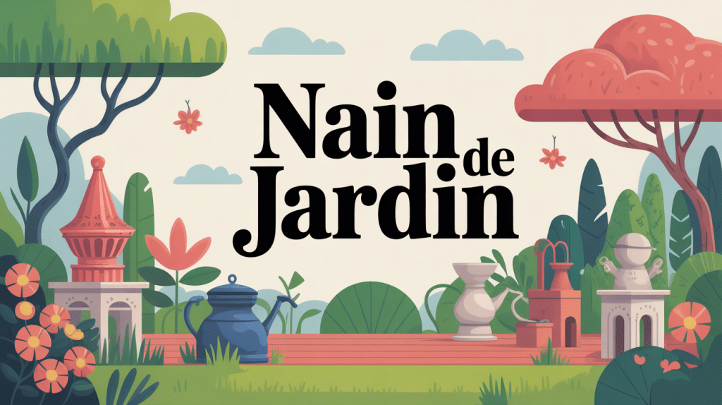 Illustration colorée de nains de jardin traditionnels et contemporains dans un jardin tendance