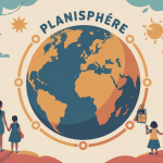 Planisphere stylisé avec familles enseignants voyageurs