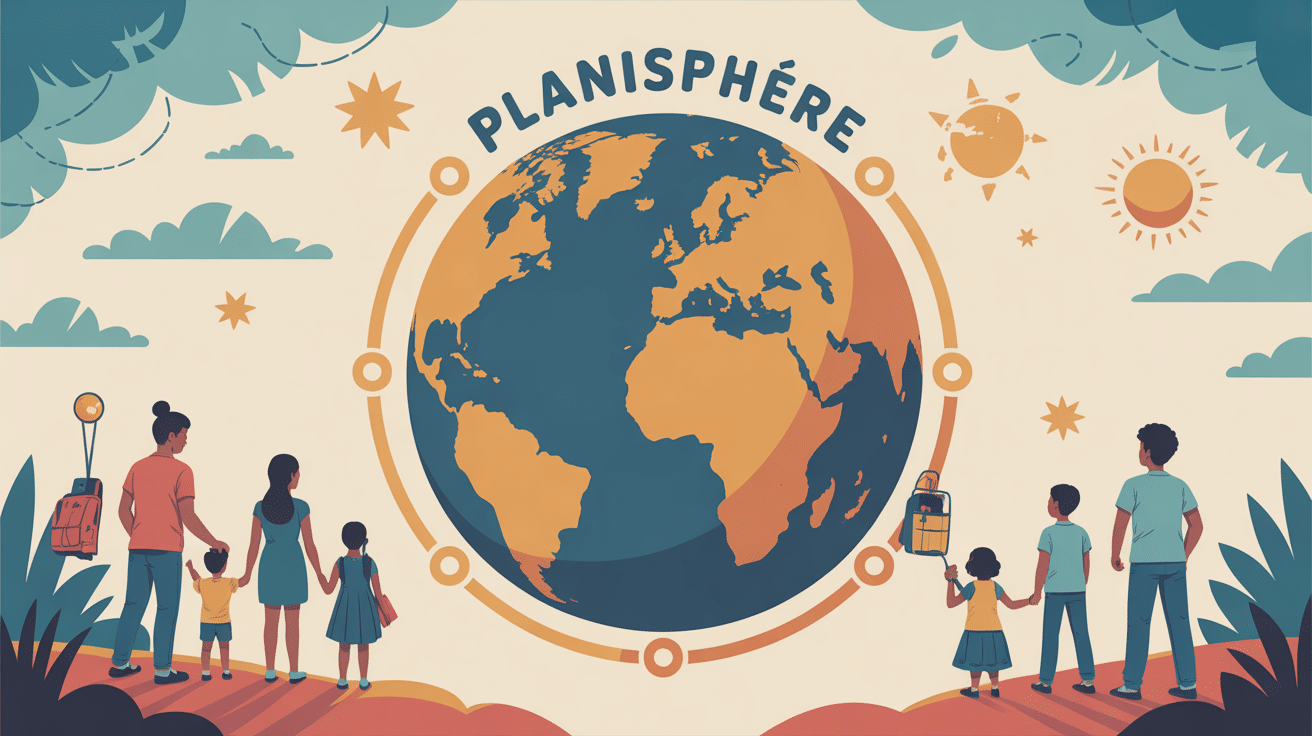 Planisphere stylisé avec familles enseignants voyageurs