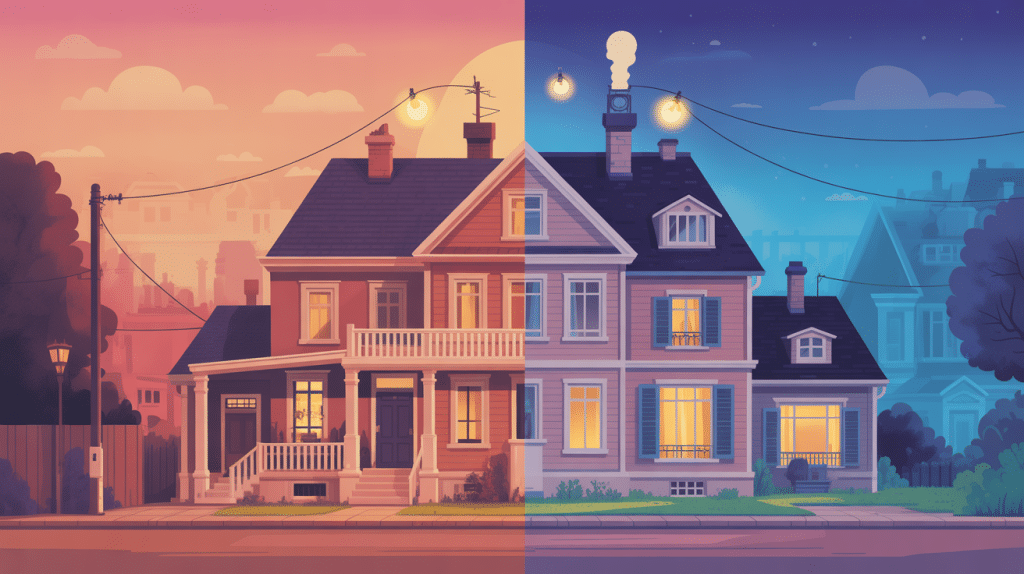 Image contrastant maison sombre et maison éclairée par l'électricité