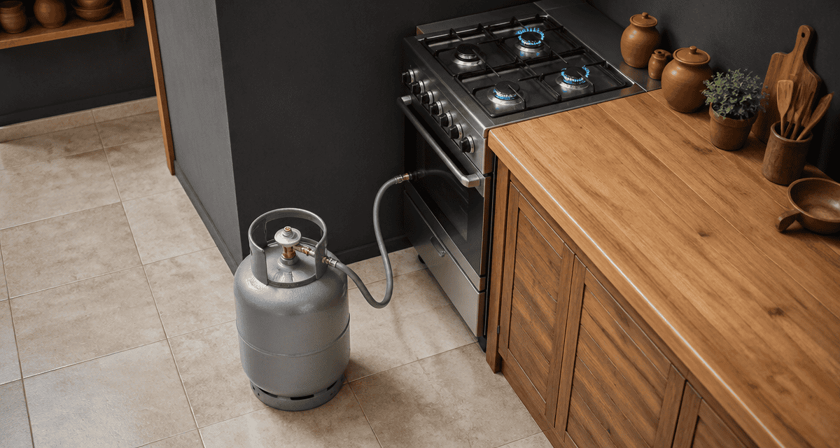 bouteille de gaz gris 13 kg raccordée en cuisine