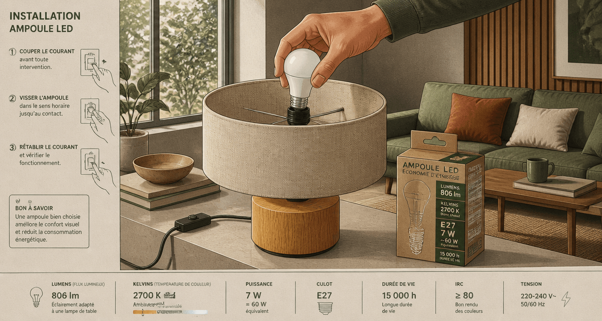 ampoule economique LED installée dans salon moderne