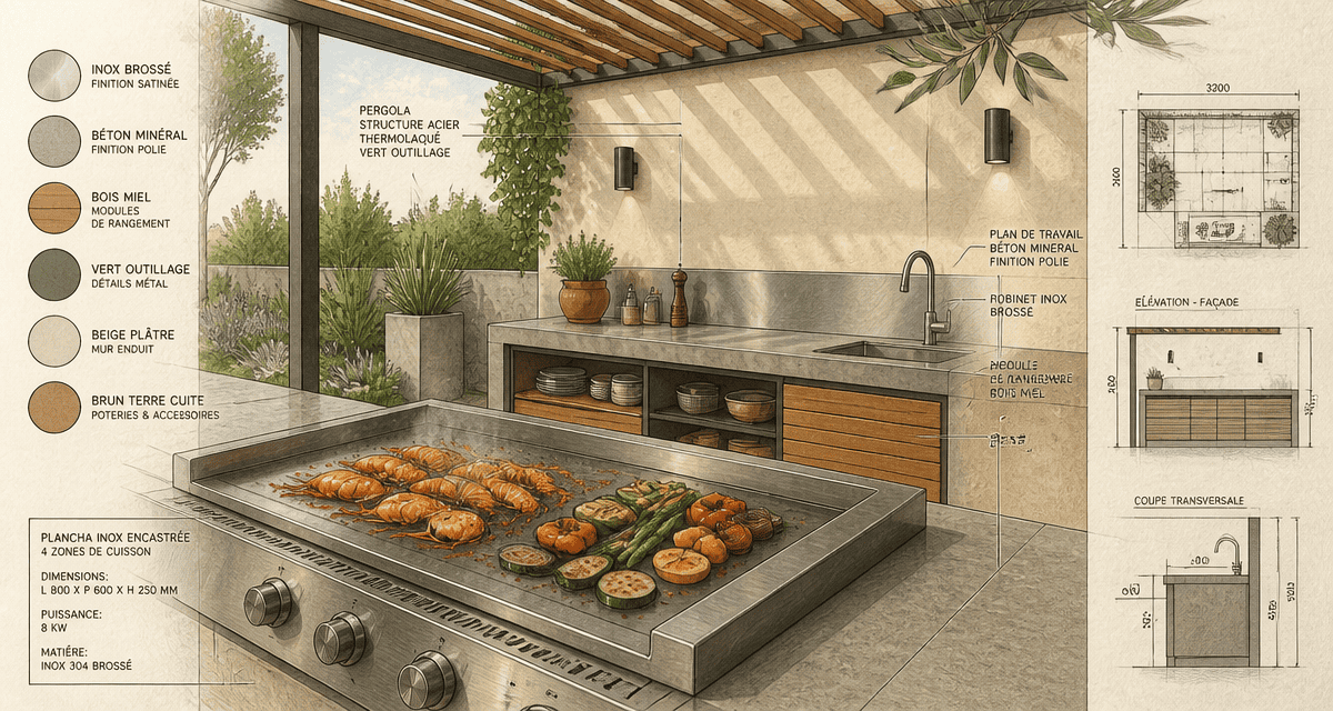 Barbecue cuisine extérieure inox béton plancha gambas