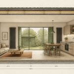 bien mobilier ou immobilier : salon et cuisine en coupe technique