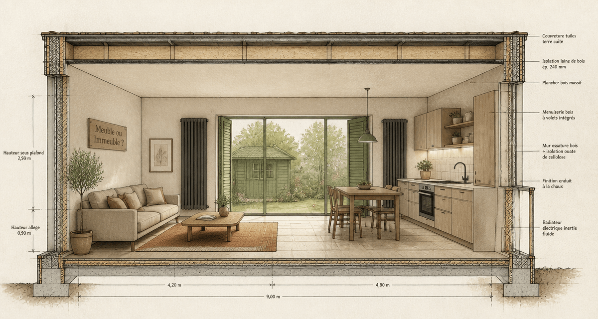 bien mobilier ou immobilier : salon et cuisine en coupe technique