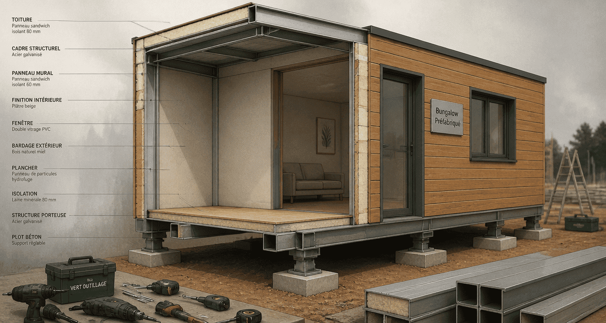 bungalow préfabriqué coupe technique sur chantier