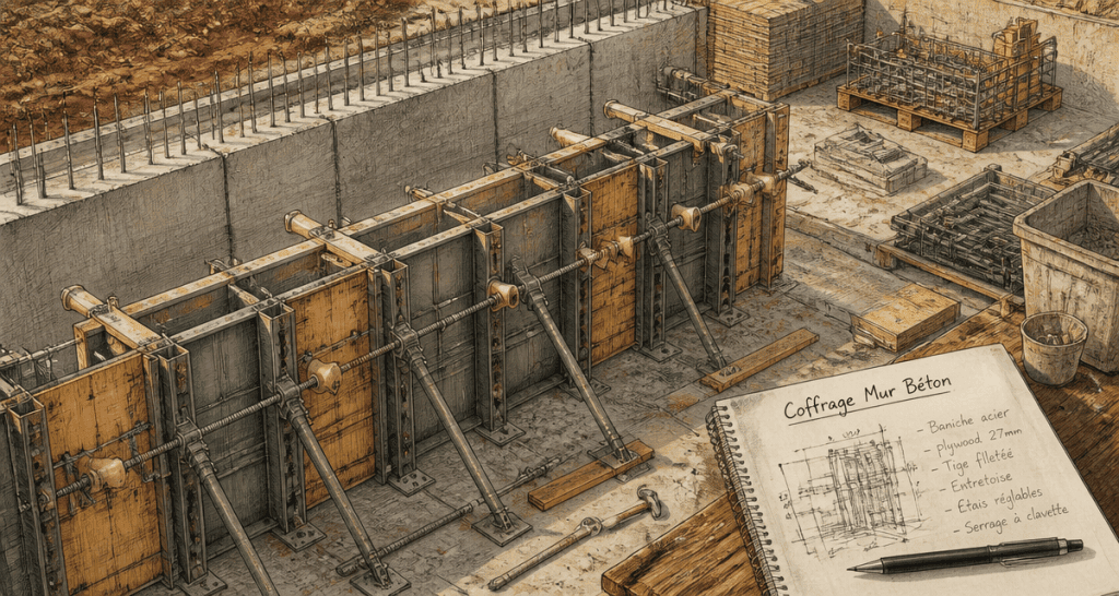 Coffrage mur béton avec accessoires sur chantier