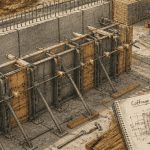 Coffrage mur béton avec accessoires sur chantier