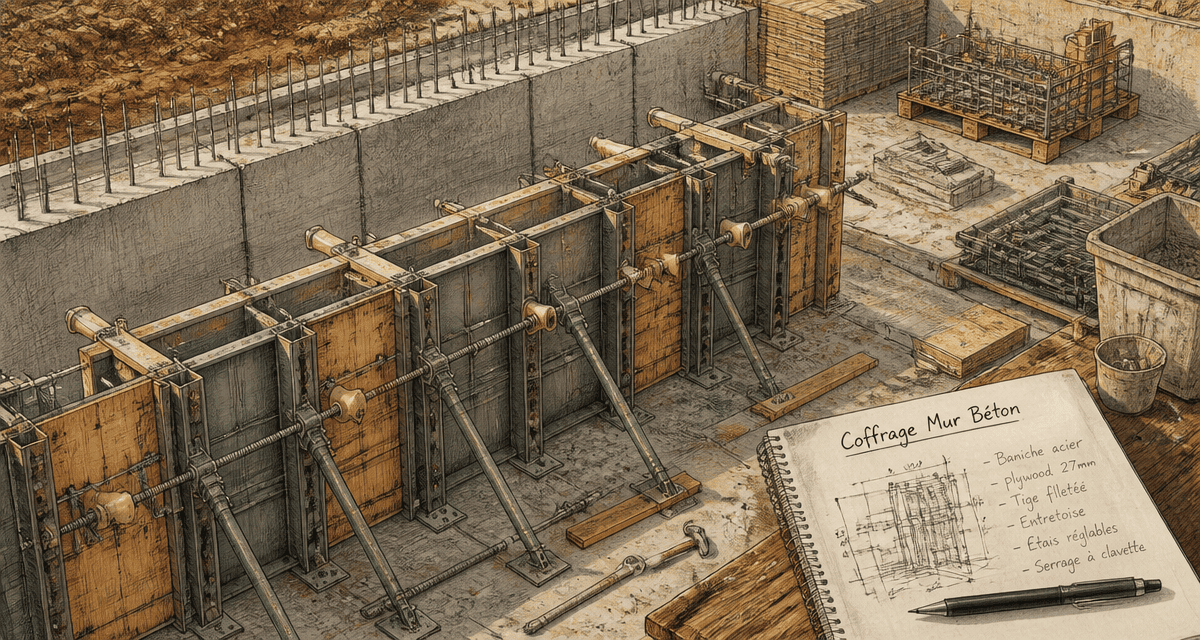 Coffrage mur béton avec accessoires sur chantier