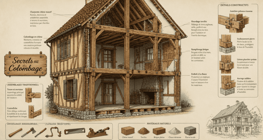 colombage maison coupe technique ossature brique