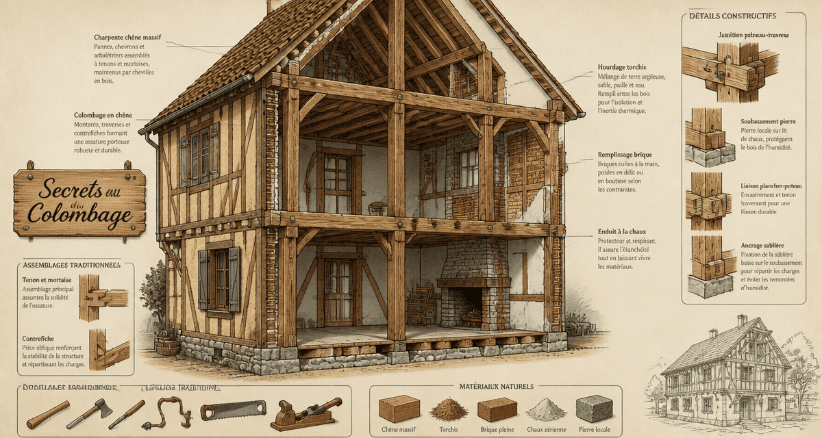 colombage maison coupe technique ossature brique
