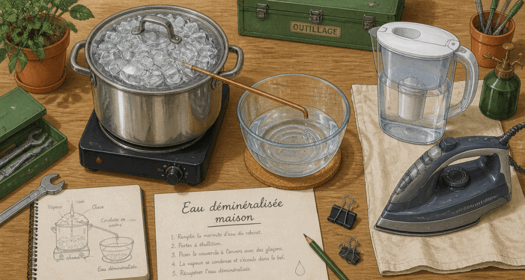 comment faire de l'eau déminéralisée pour fer à repasser, méthode maison, illustration technique