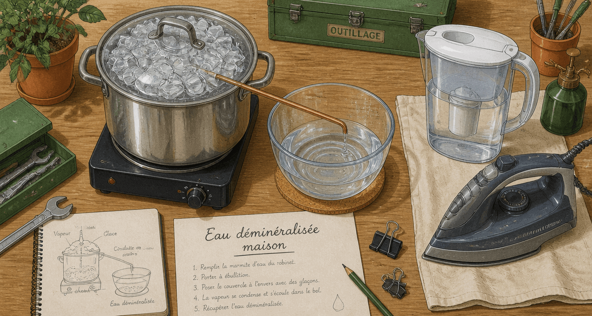 comment faire de l'eau déminéralisée pour fer à repasser, méthode maison, illustration technique