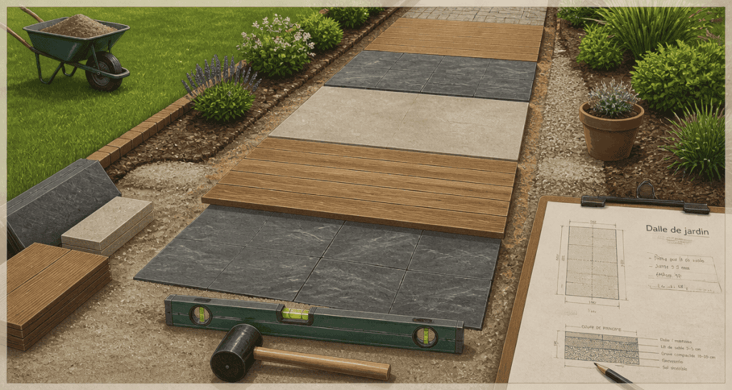 dalle allee de jardin pose outils materiaux