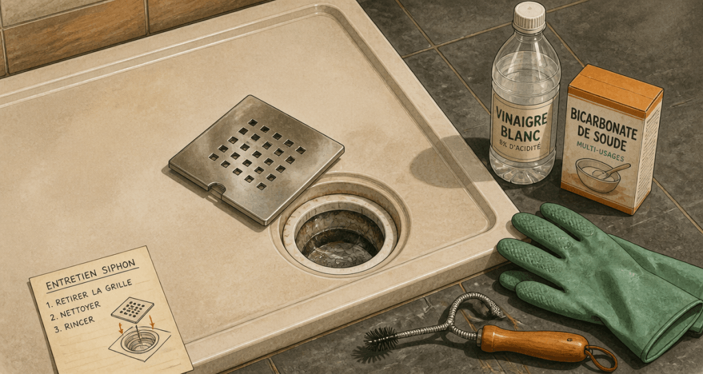 deboucher la douche avec vinaigre, bicarbonate et outils