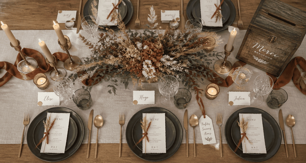 Decos de mariage table champetre avec fleurs et bougies