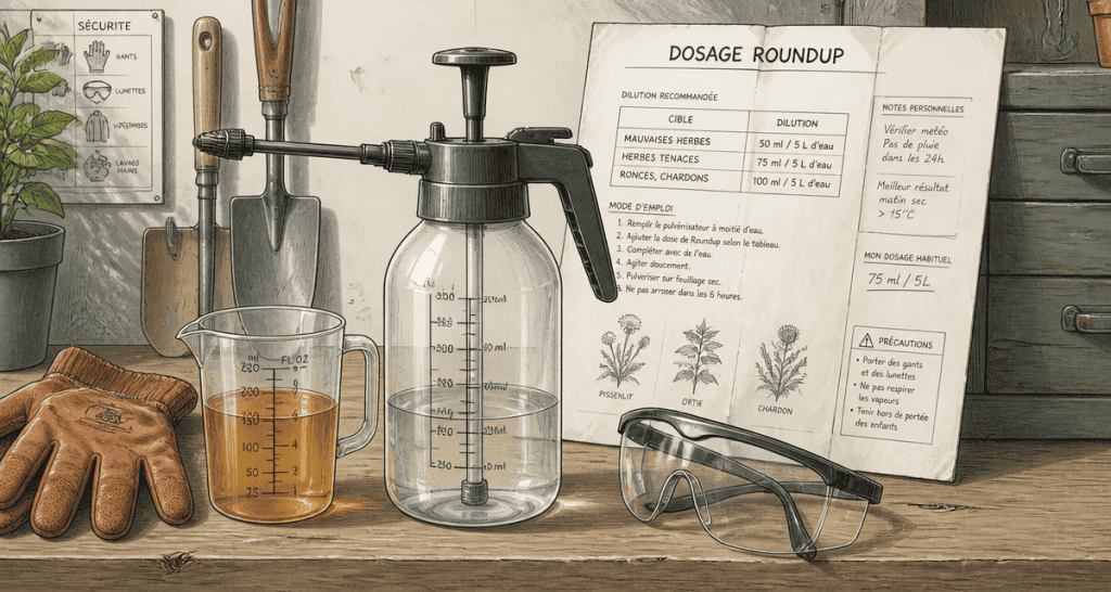 dosage roundup pulvérisateur et gobelet doseur