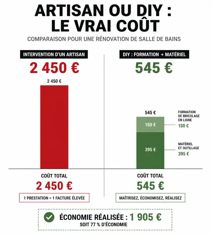 Infographie comparative : coût d'un artisan vs coût d'une formation bricolage Le Lab du Bricoleur pour des travaux de rénovation.