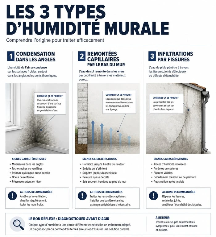 Schéma explicatif des causes de l'humidité sur un mur : condensation, remontées capillaires et infiltrations.