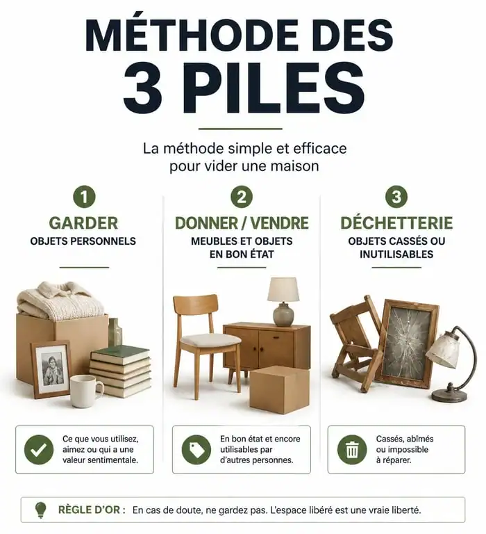 Méthode de tri en trois piles pour vider une maison efficacement