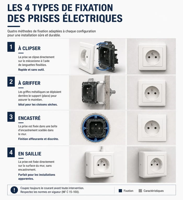 Infographie des différents modes de fixation pour cache prise de courant