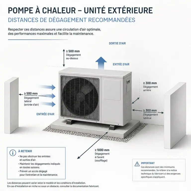 Schéma des distances de dégagement pour fabriquer un cache pompe à chaleur