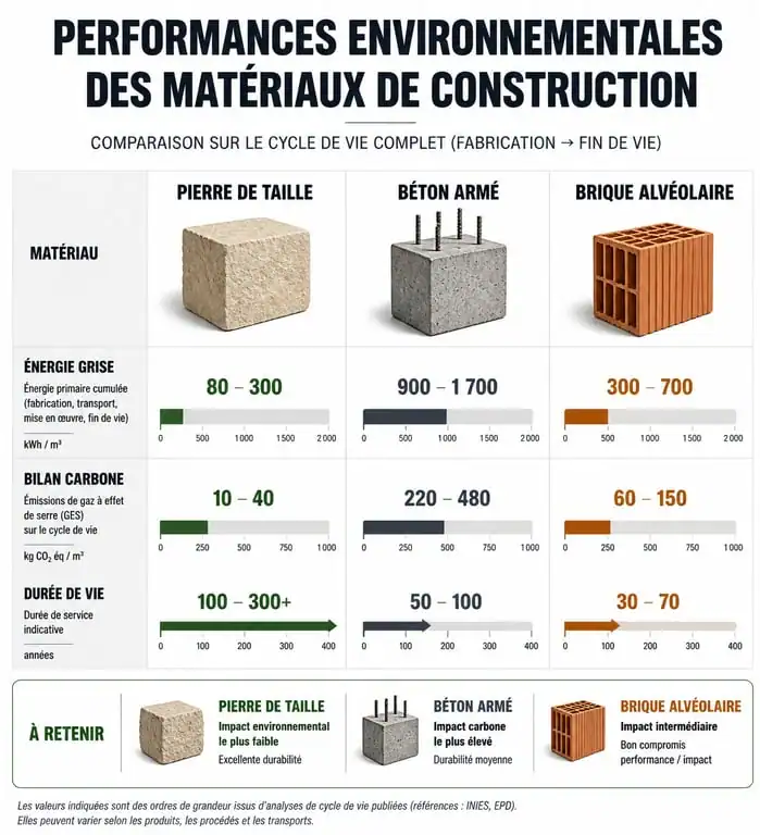 Infographie comparative des matériaux de construction : pierre de taille, béton et brique