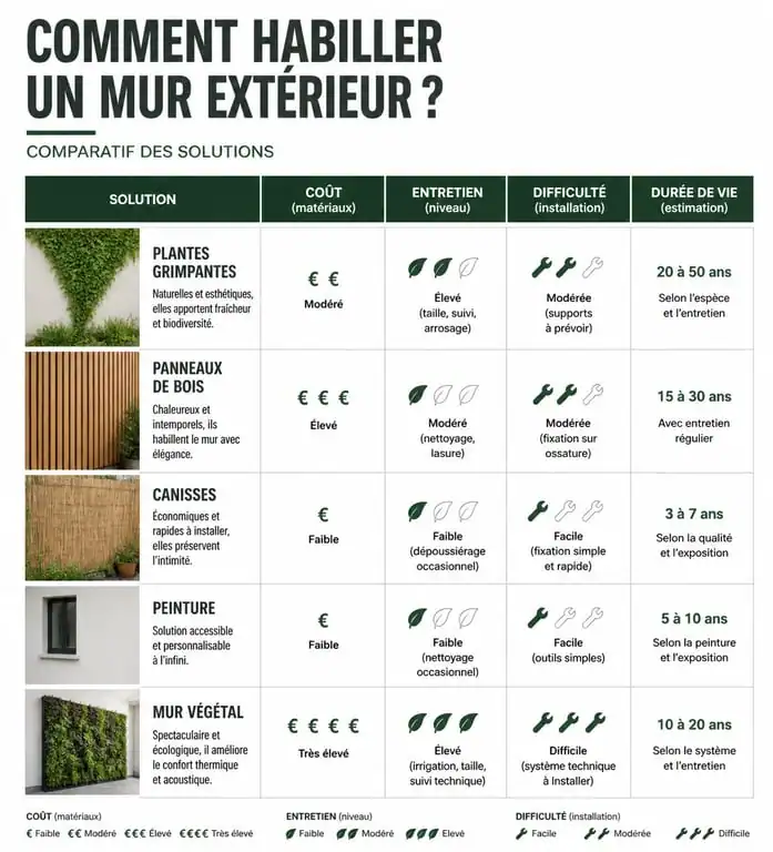 Infographie comparative des solutions pour cacher un mur extérieur : coût, entretien et durabilité des matériaux.