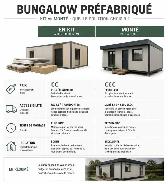 Comparatif bungalow préfabriqué en kit vs monté