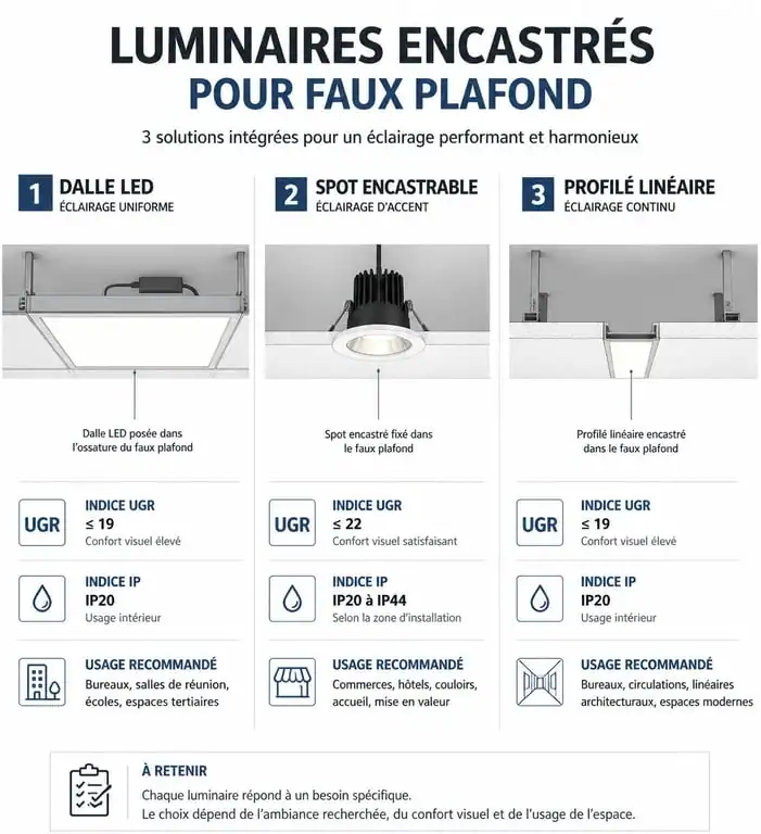 Comparatif technique des solutions d'éclairage pour faux plafond : dalles LED, spots et profilés