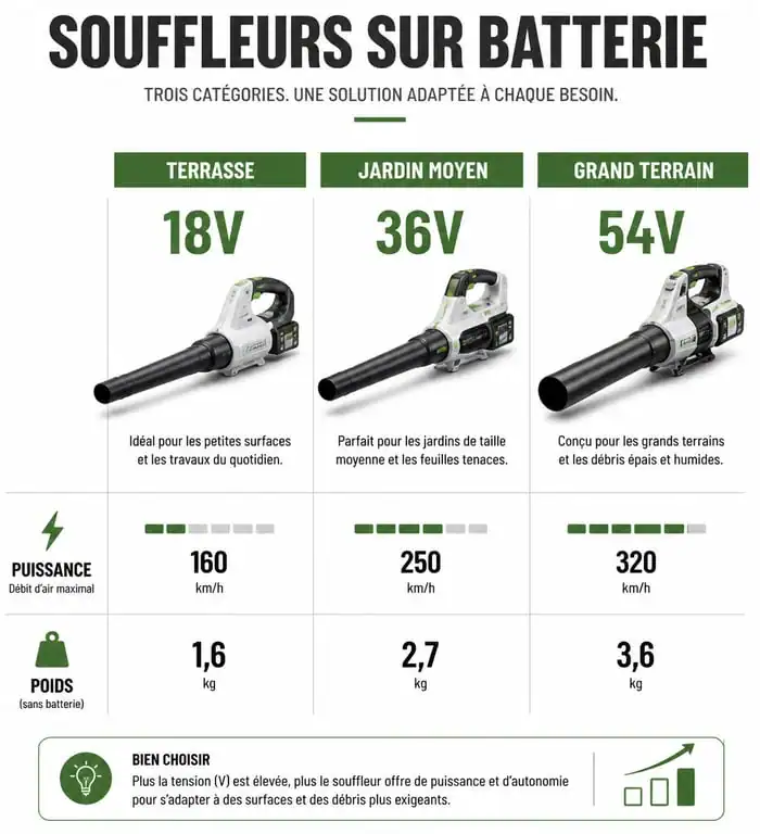 Comparatif des types de souffleurs sur batterie selon la surface du jardin
