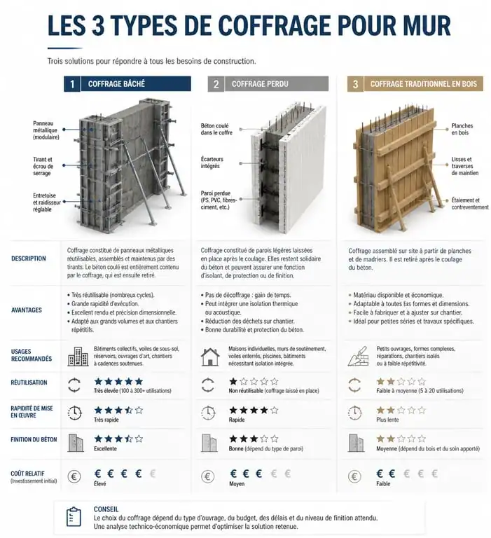 Infographie comparative des types de coffrage pour mur en béton