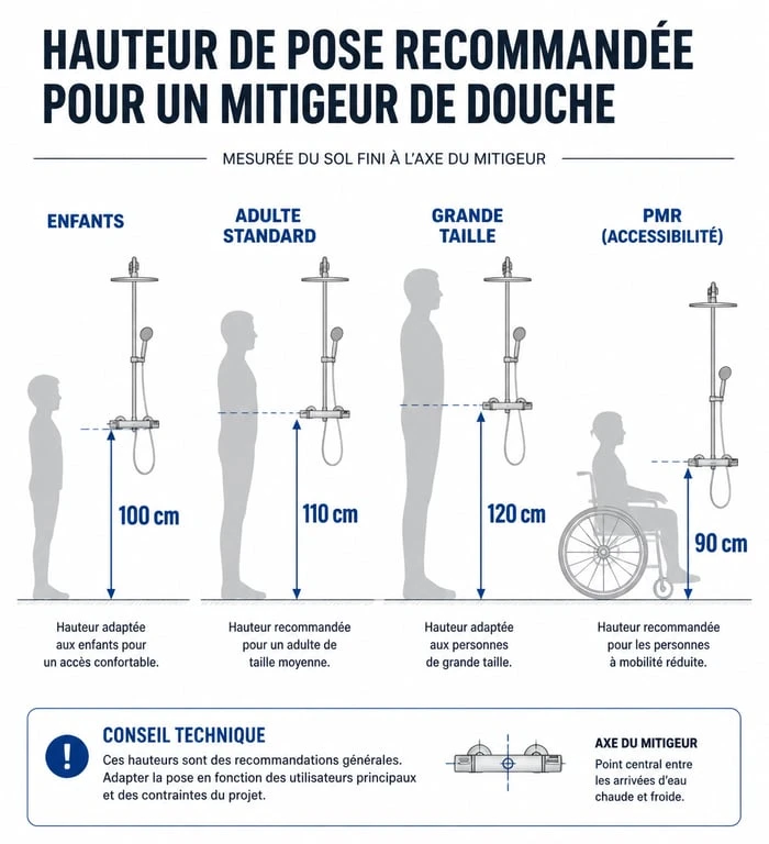 Hauteur de pose idéale pour un mitigeur de douche selon la taille de l'utilisateur et les normes PMR