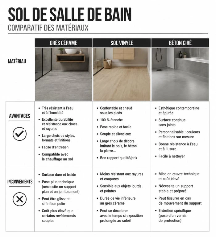 Comparatif des matériaux pour rénover une salle de bain : grès cérame, vinyle et béton ciré.