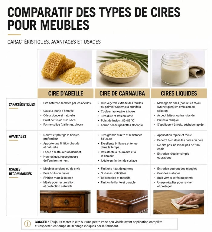 Infographie comparative des types de cires pour meubles : cire d'abeille, carnauba et cire liquide pour le bois.