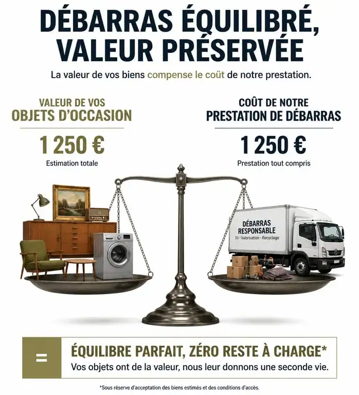 Infographie illustrant le mécanisme du débarras de maison gratuit par compensation de valeur