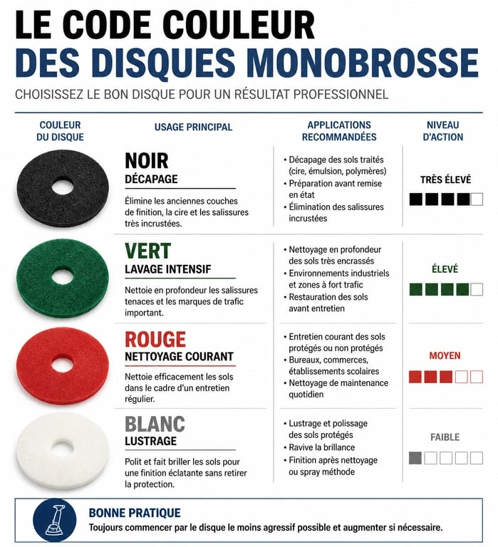 Code couleur des disques pour monobrosse de nettoyage professionnel