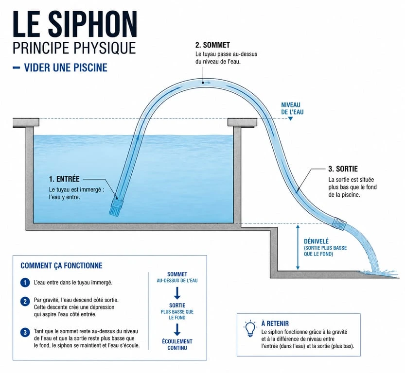 Schéma technique expliquant le principe du siphon pour vider une piscine avec un tuyau d'arrosage