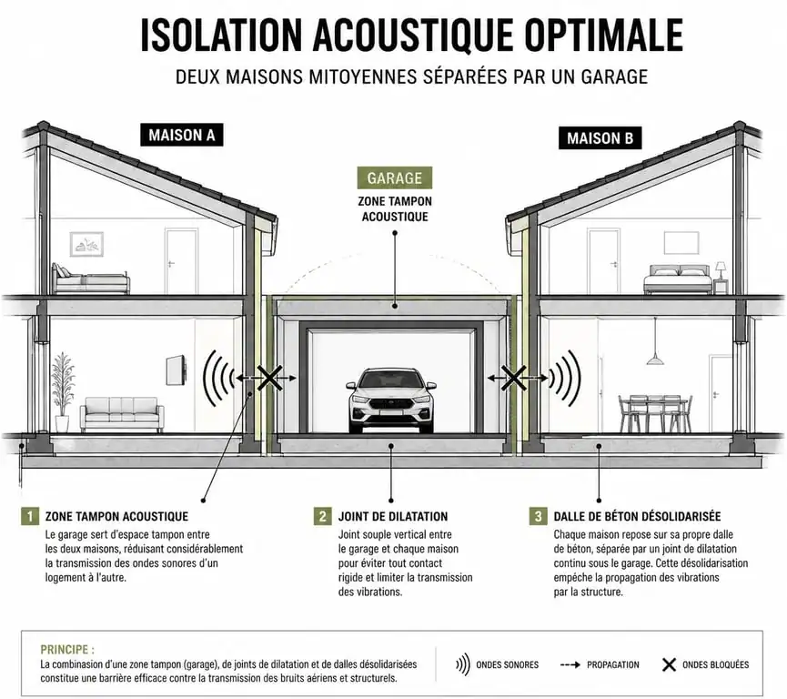 Schéma technique d'une maison mitoyenne par le garage montrant l'isolation acoustique et la dalle désolidarisée.