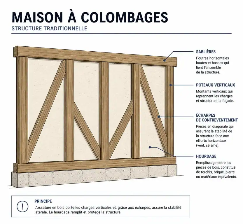 Schéma technique d'une structure de maison à colombages