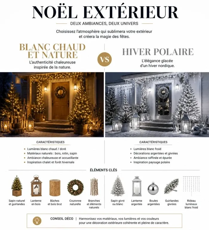 Infographie des styles de décoration de Noël extérieur : Blanc Chaud vs Hiver Polaire