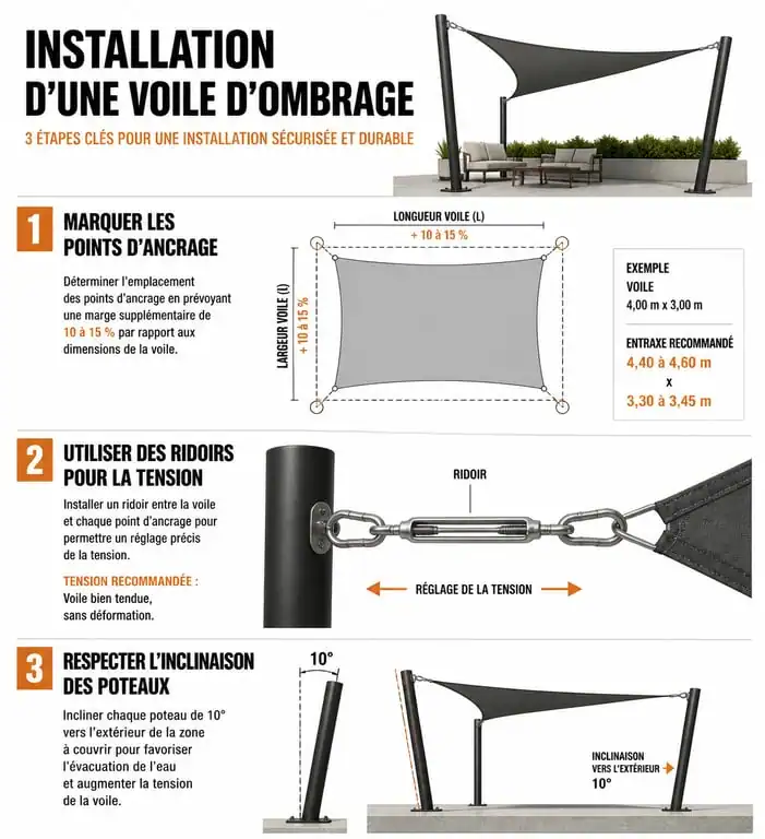 Schéma technique pour installer une voile d'ombrage sur terrasse