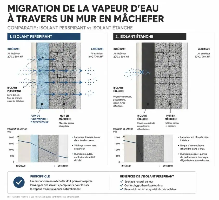 Schéma comparatif de la perméabilité à la vapeur d'eau pour l'isolation d'un mur en mâchefer