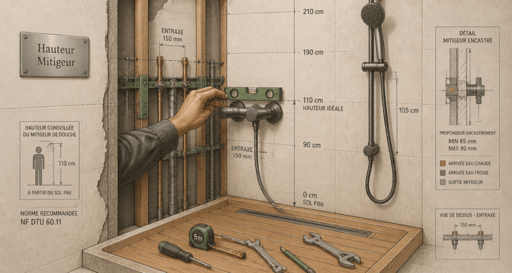 Hauteur mitigeur douche installation en coupe