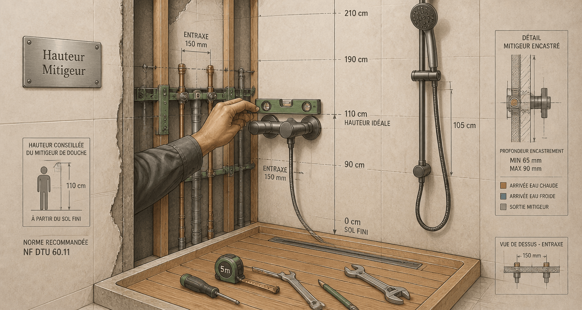 Hauteur mitigeur douche installation en coupe