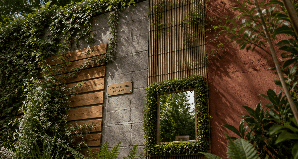 idee pour cacher un mur exterieur avec plantes bois et miroir