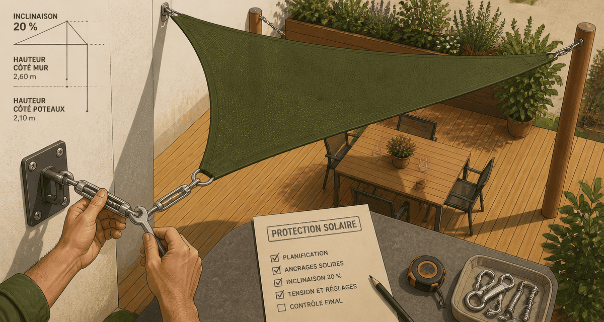 installer voile d'ombrage sur terrasse bois avec ridoir